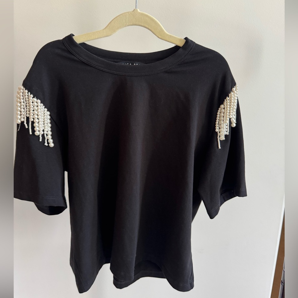 Veronica Beard Black Tee with Embellished Shoulders - Picture 2 of 3